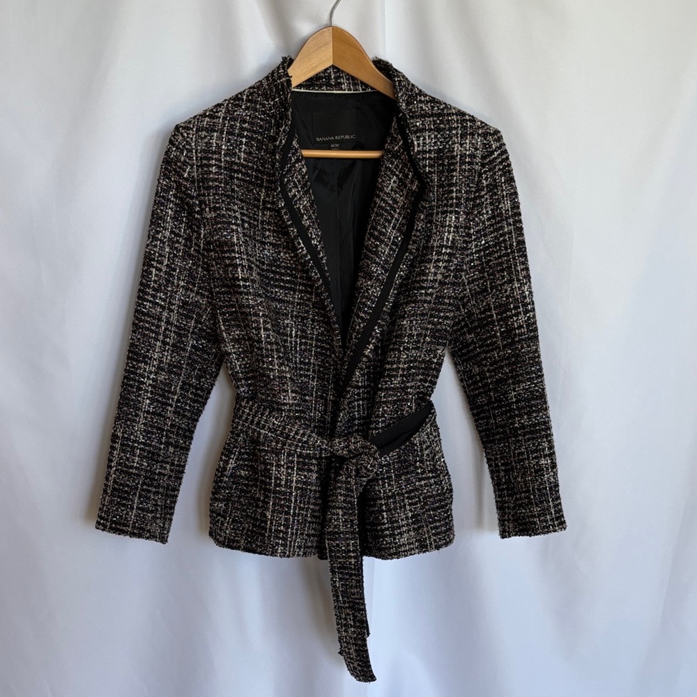 Banana Republic Women's Plum and Black Chenille Tweed Wrap Belted Jacket M EUC